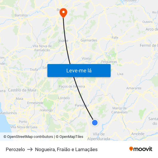 Perozelo to Nogueira, Fraião e Lamaçães map