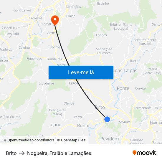 Brito to Nogueira, Fraião e Lamaçães map