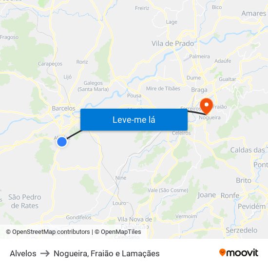 Alvelos to Nogueira, Fraião e Lamaçães map