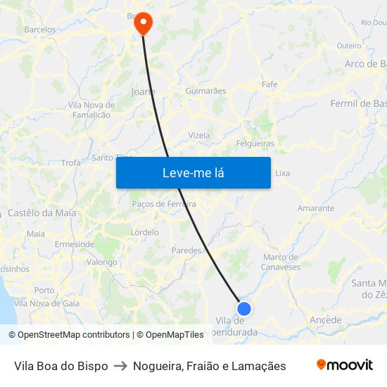 Vila Boa do Bispo to Nogueira, Fraião e Lamaçães map