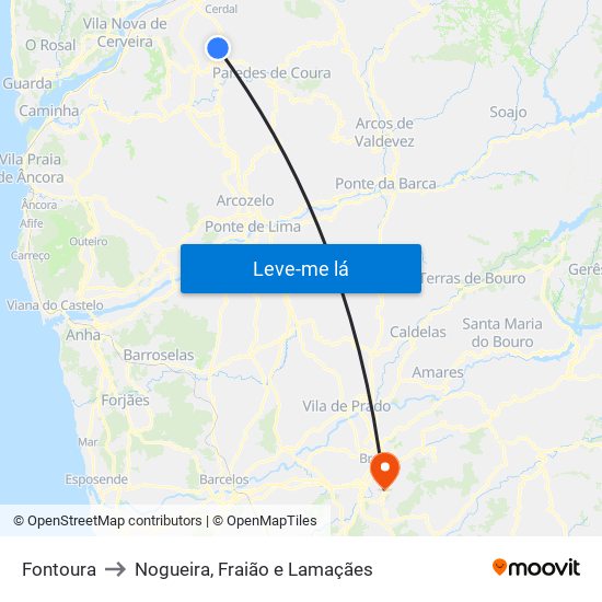 Fontoura to Nogueira, Fraião e Lamaçães map