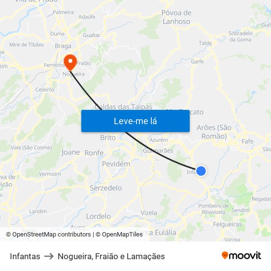 Infantas to Nogueira, Fraião e Lamaçães map