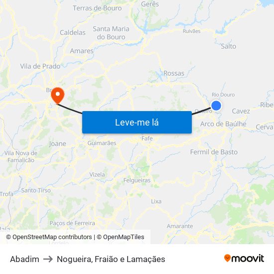 Abadim to Nogueira, Fraião e Lamaçães map
