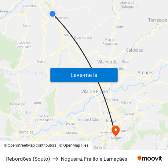 Rebordões (Souto) to Nogueira, Fraião e Lamaçães map