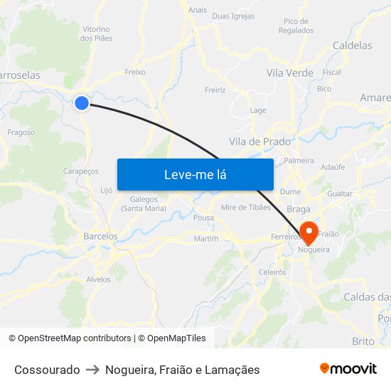 Cossourado to Nogueira, Fraião e Lamaçães map