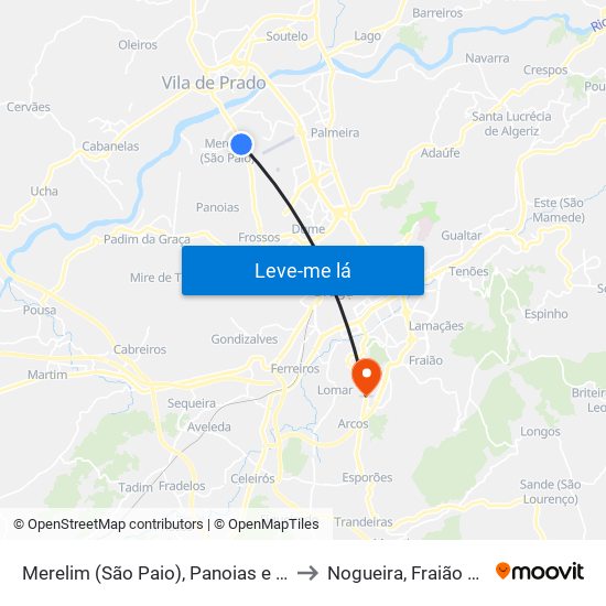 Merelim (São Paio), Panoias e Parada de Tibães to Nogueira, Fraião e Lamaçães map
