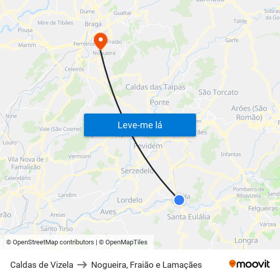 Caldas de Vizela to Nogueira, Fraião e Lamaçães map