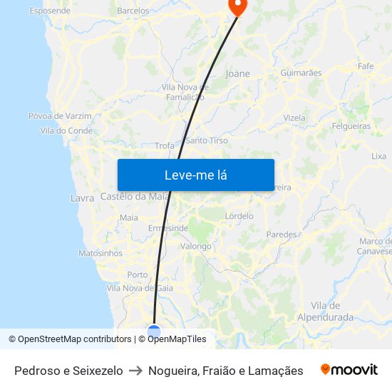 Pedroso e Seixezelo to Nogueira, Fraião e Lamaçães map