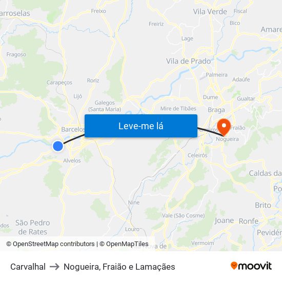 Carvalhal to Nogueira, Fraião e Lamaçães map