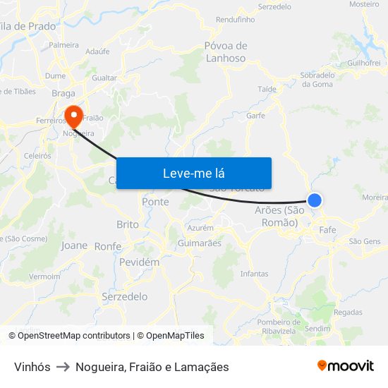 Vinhós to Nogueira, Fraião e Lamaçães map