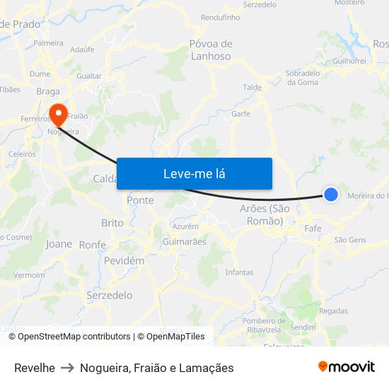 Revelhe to Nogueira, Fraião e Lamaçães map
