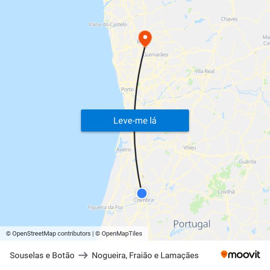 Souselas e Botão to Nogueira, Fraião e Lamaçães map