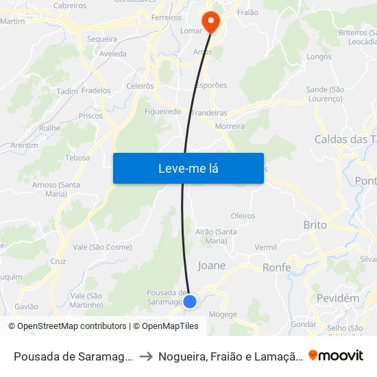 Pousada de Saramagos to Nogueira, Fraião e Lamaçães map