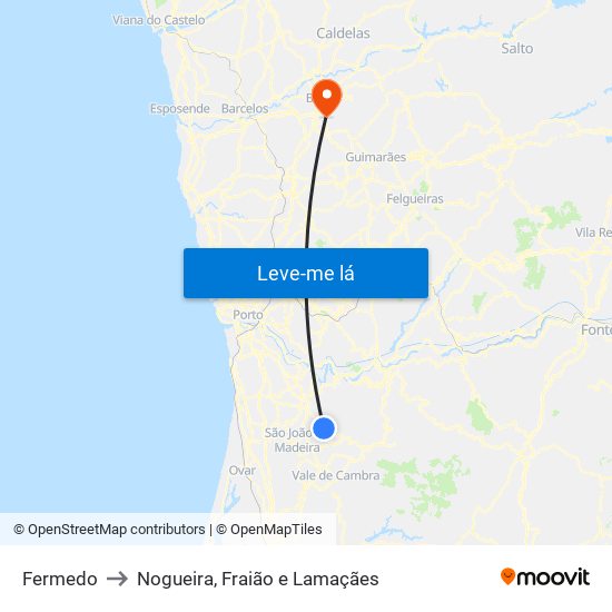 Fermedo to Nogueira, Fraião e Lamaçães map