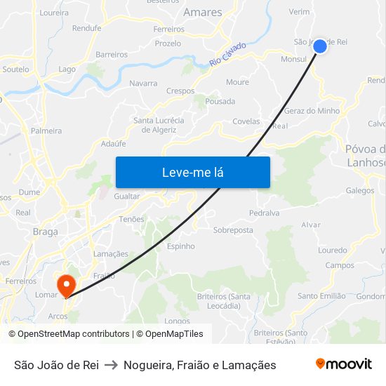 São João de Rei to Nogueira, Fraião e Lamaçães map