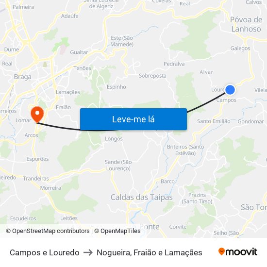 Campos e Louredo to Nogueira, Fraião e Lamaçães map