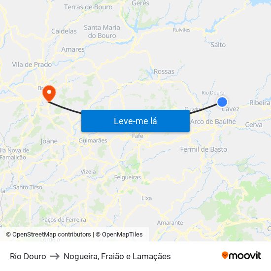 Rio Douro to Nogueira, Fraião e Lamaçães map