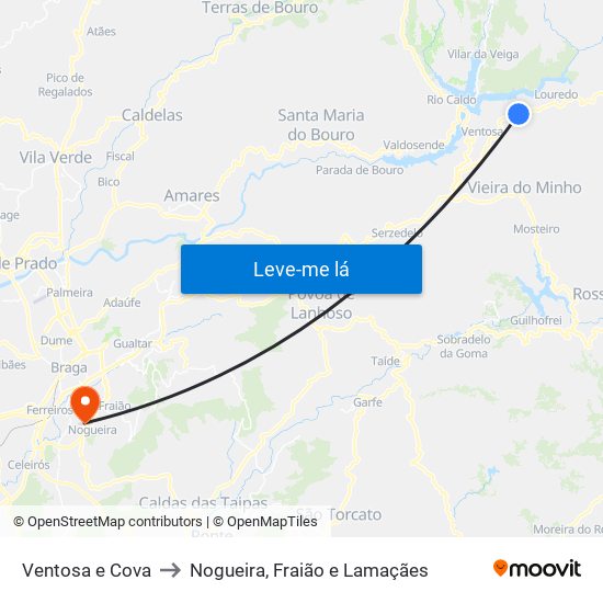 Ventosa e Cova to Nogueira, Fraião e Lamaçães map