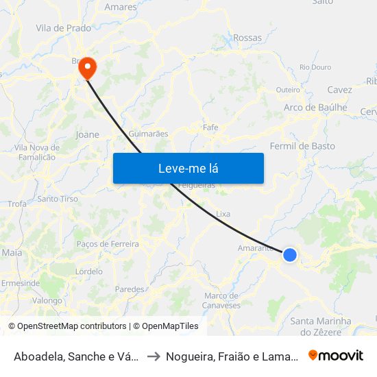 Aboadela, Sanche e Várzea to Nogueira, Fraião e Lamaçães map