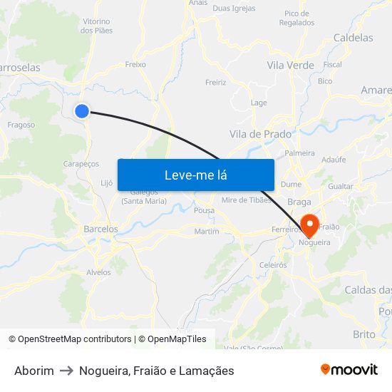 Aborim to Nogueira, Fraião e Lamaçães map