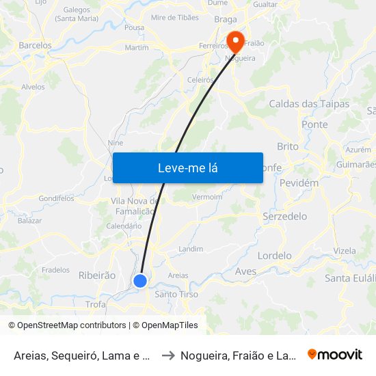 Areias, Sequeiró, Lama e Palmeira to Nogueira, Fraião e Lamaçães map