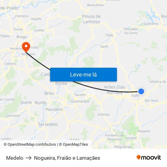 Medelo to Nogueira, Fraião e Lamaçães map