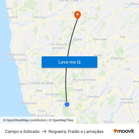 Campo e Sobrado to Nogueira, Fraião e Lamaçães map