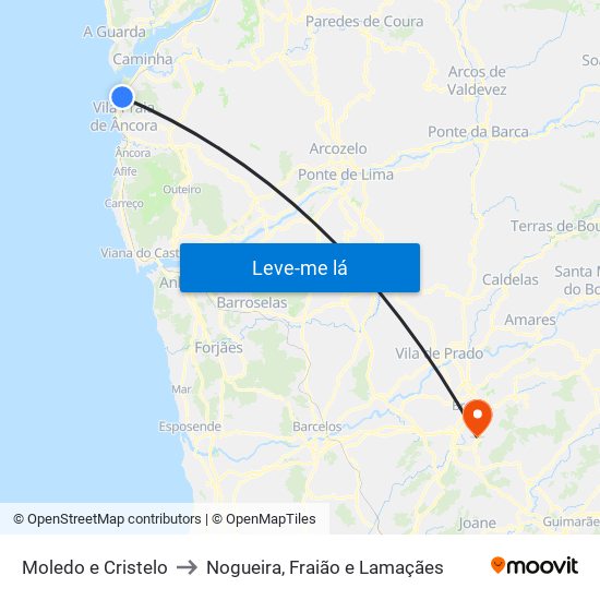 Moledo e Cristelo to Nogueira, Fraião e Lamaçães map