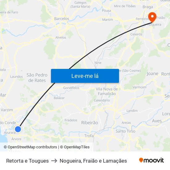 Retorta e Tougues to Nogueira, Fraião e Lamaçães map