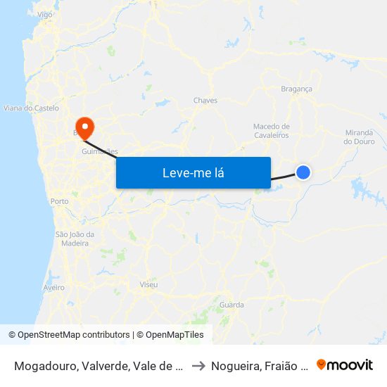 Mogadouro, Valverde, Vale de Porco e Vilar de Rei to Nogueira, Fraião e Lamaçães map