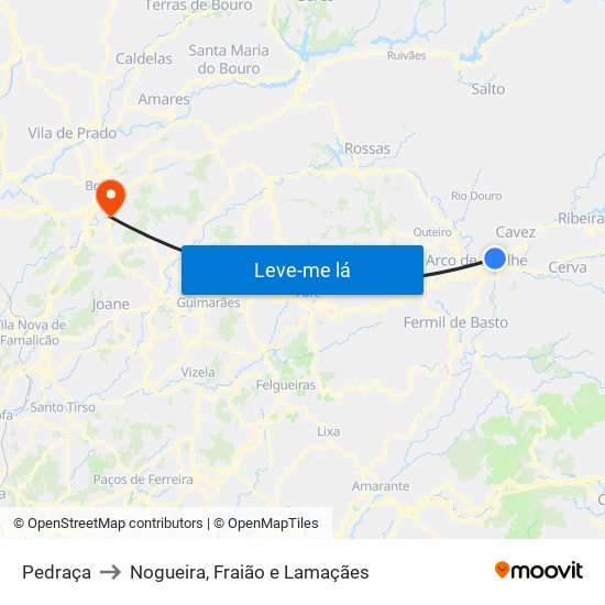 Pedraça to Nogueira, Fraião e Lamaçães map