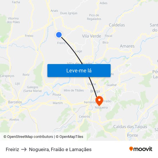 Freiriz to Nogueira, Fraião e Lamaçães map