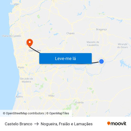 Castelo Branco to Nogueira, Fraião e Lamaçães map