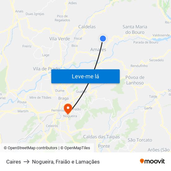 Caires to Nogueira, Fraião e Lamaçães map