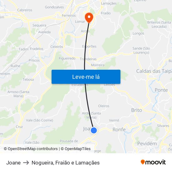 Joane to Nogueira, Fraião e Lamaçães map