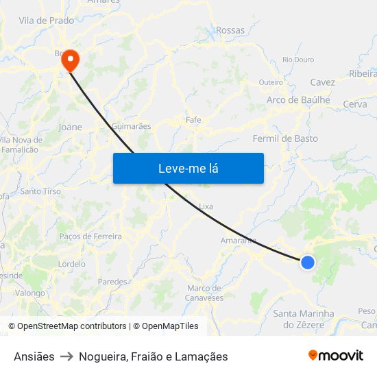 Ansiāes to Nogueira, Fraião e Lamaçães map
