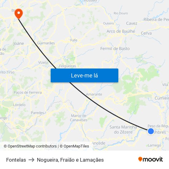 Fontelas to Nogueira, Fraião e Lamaçães map