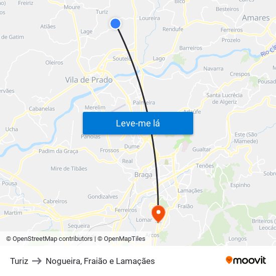 Turiz to Nogueira, Fraião e Lamaçães map