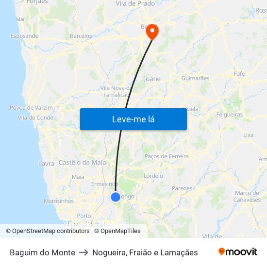 Baguim do Monte to Nogueira, Fraião e Lamaçães map