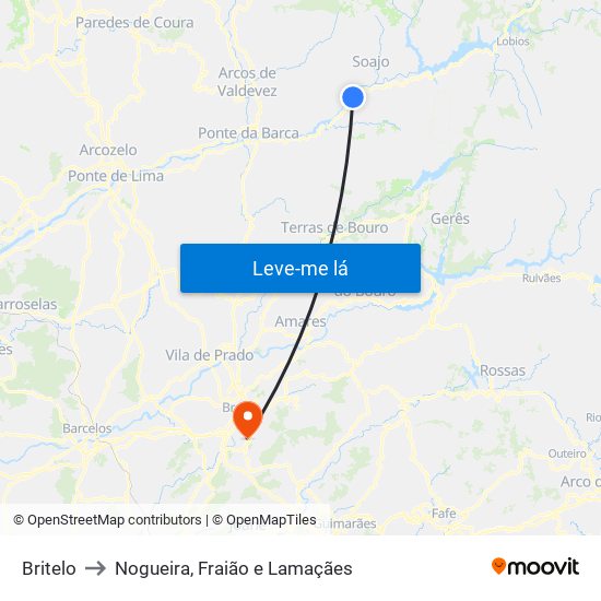 Britelo to Nogueira, Fraião e Lamaçães map