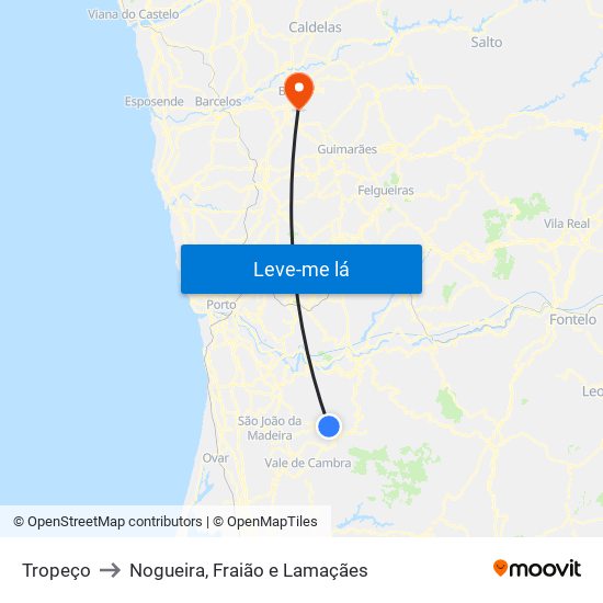 Tropeço to Nogueira, Fraião e Lamaçães map