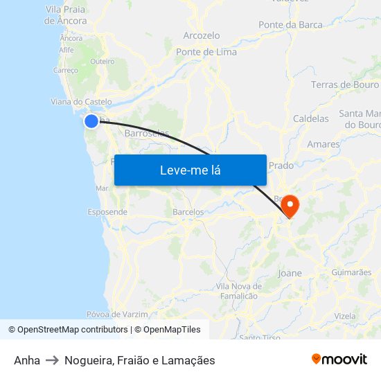 Anha to Nogueira, Fraião e Lamaçães map