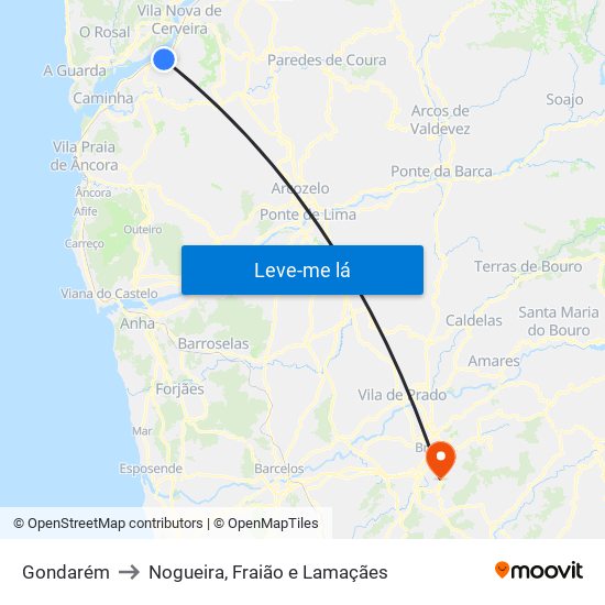 Gondarém to Nogueira, Fraião e Lamaçães map