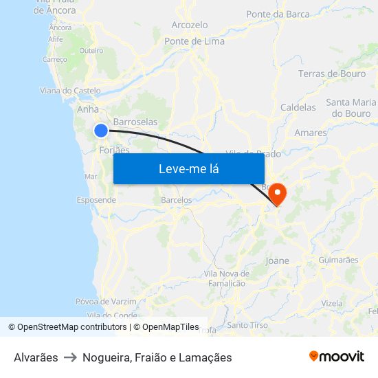 Alvarães to Nogueira, Fraião e Lamaçães map