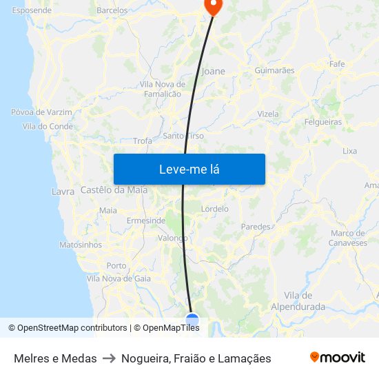 Melres e Medas to Nogueira, Fraião e Lamaçães map