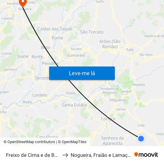 Freixo de Cima e de Baixo to Nogueira, Fraião e Lamaçães map