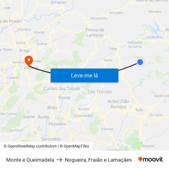 Monte e Queimadela to Nogueira, Fraião e Lamaçães map
