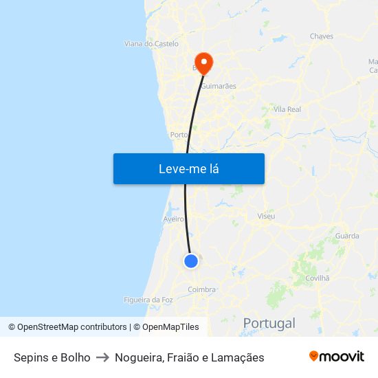 Sepins e Bolho to Nogueira, Fraião e Lamaçães map