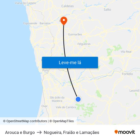 Arouca e Burgo to Nogueira, Fraião e Lamaçães map