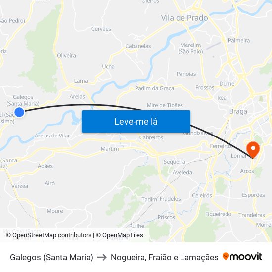 Galegos (Santa Maria) to Nogueira, Fraião e Lamaçães map